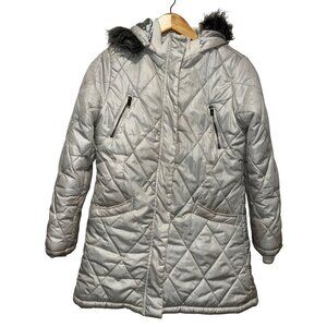 DKNY Quilted Silver Hooded Coat W/ Faux Fur Trim & Pockets Women's Size XL